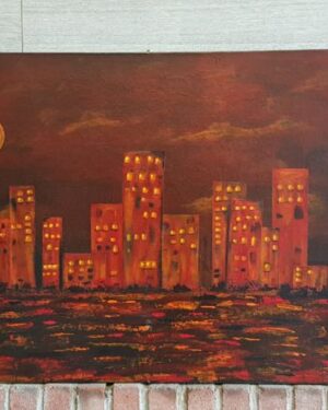 Schilderij in warme tinten van een stadsaanzicht skyline