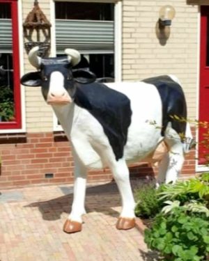 Tuinbeeld van een levensgrote polyester koe