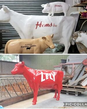 Polyester decoratie koe met bedrijfslogo en op maat geschilderd in RAL kleur