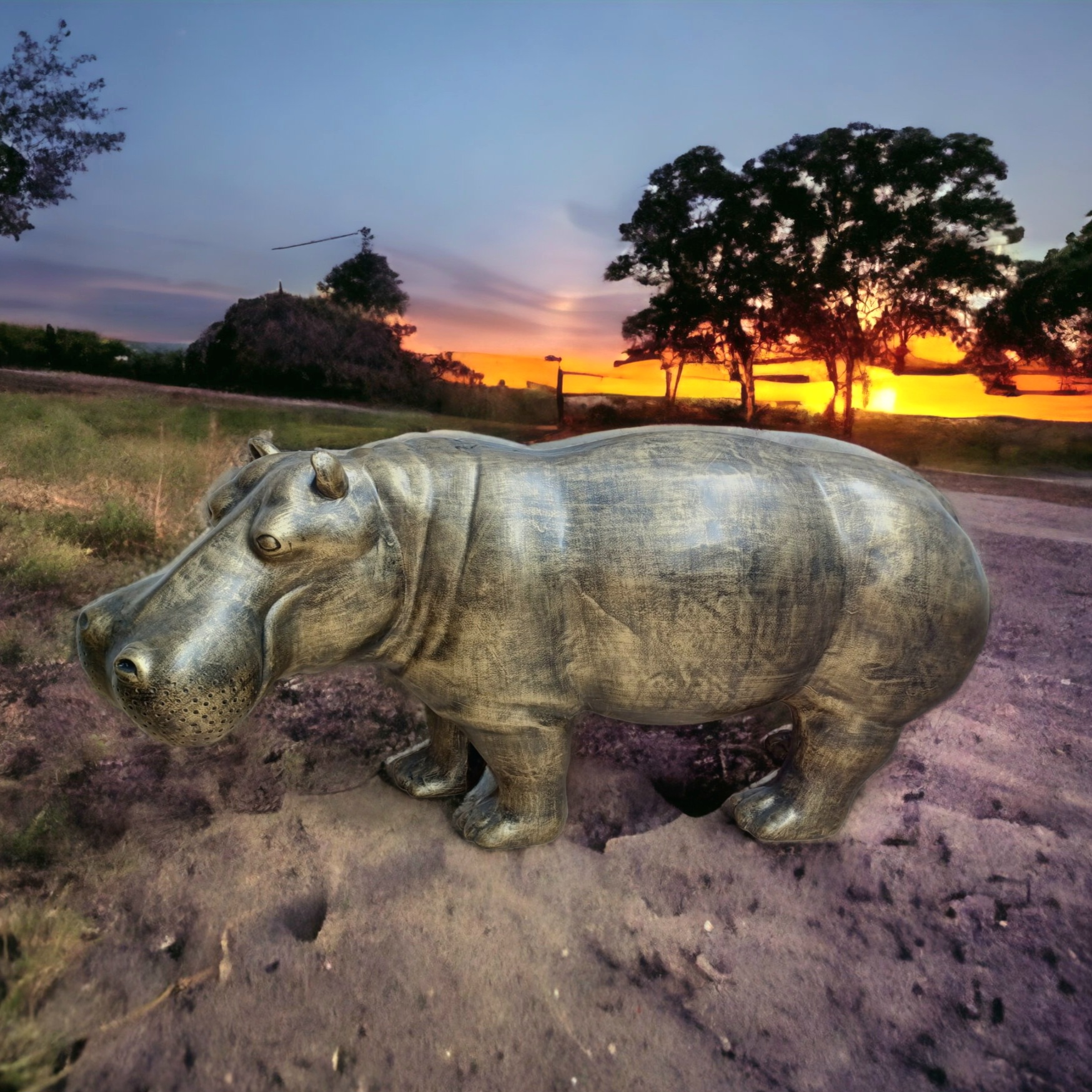 Zijaanzicht van groot weerbestendig nijlpaard tuinbeeld