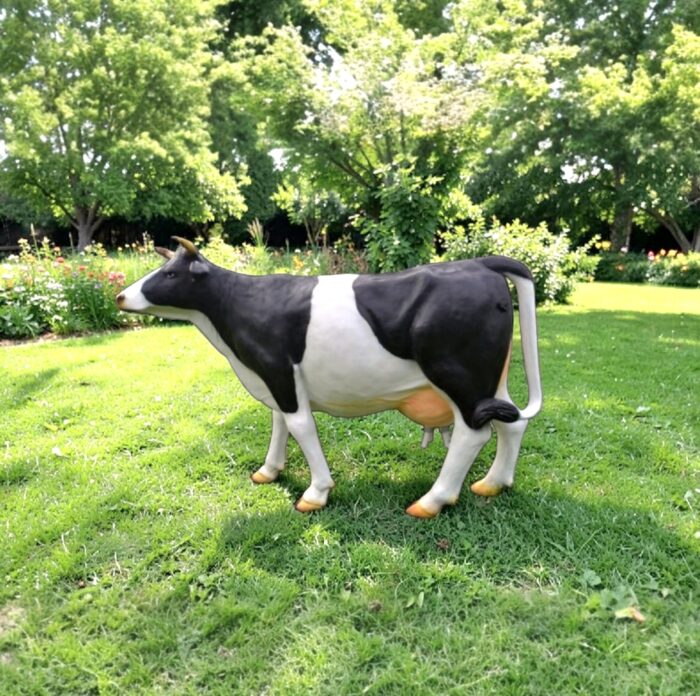 Levensgroot zwartbont koe beeld, zwart wit realistisch boerderijdier voor tuin of bedrijf