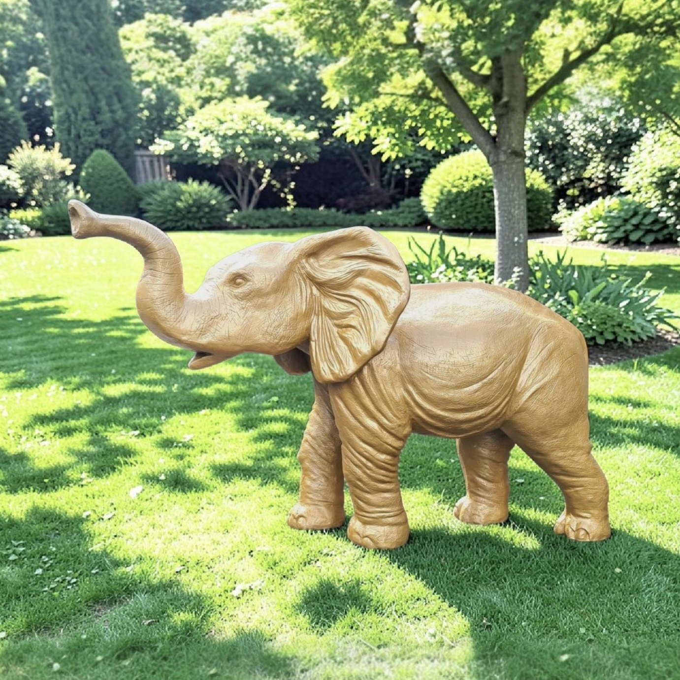 Weerbestendig beeld van een gouden olifant in de tuin. 180 cm