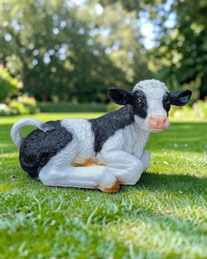 Schattig beeldje van een zwartwit liggend kalfje 50 cm