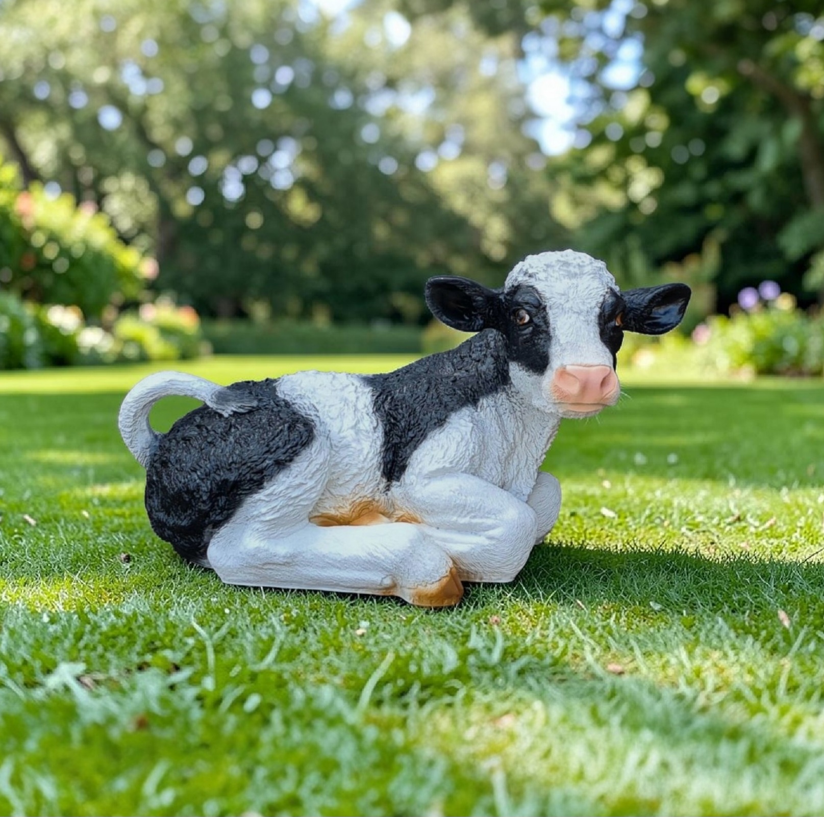 Schattig beeldje van een zwartwit liggend kalfje 50 cm