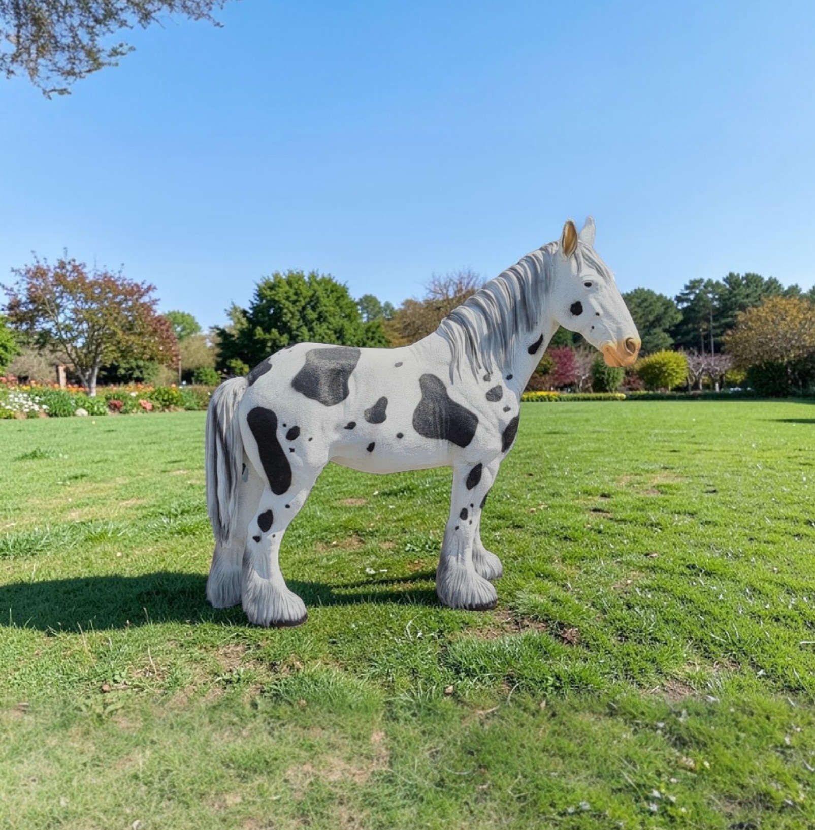 Tinker paard beeld 100 cm op het gras in de tuin