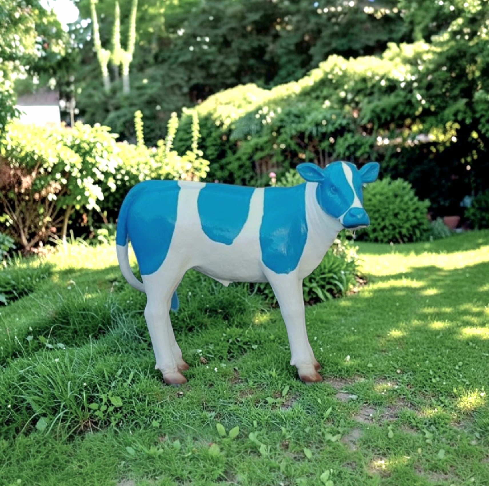 Beeld kalf 120 cm in blauwe verf geschilderd als tuinbeeld