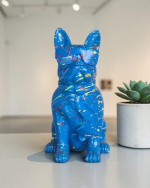 Blauw honden beeldje met kleurrijke drip verf modern decoratiebeeld