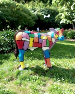 Geschilderd polyester kalf beeld in mooie heldere kleuren in de tuin
