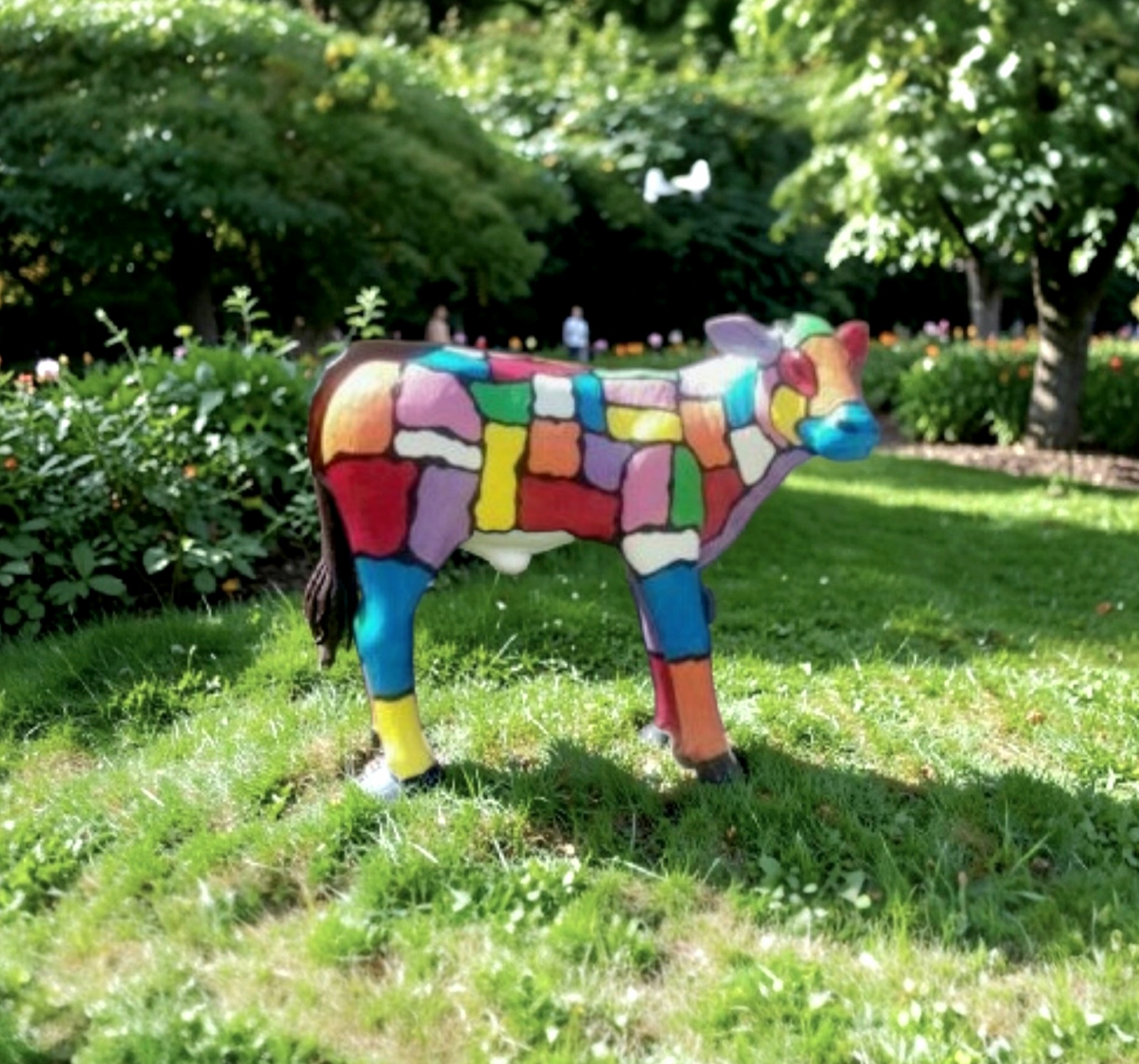 Geschilderd polyester kalf beeld in mooie heldere kleuren in de tuin