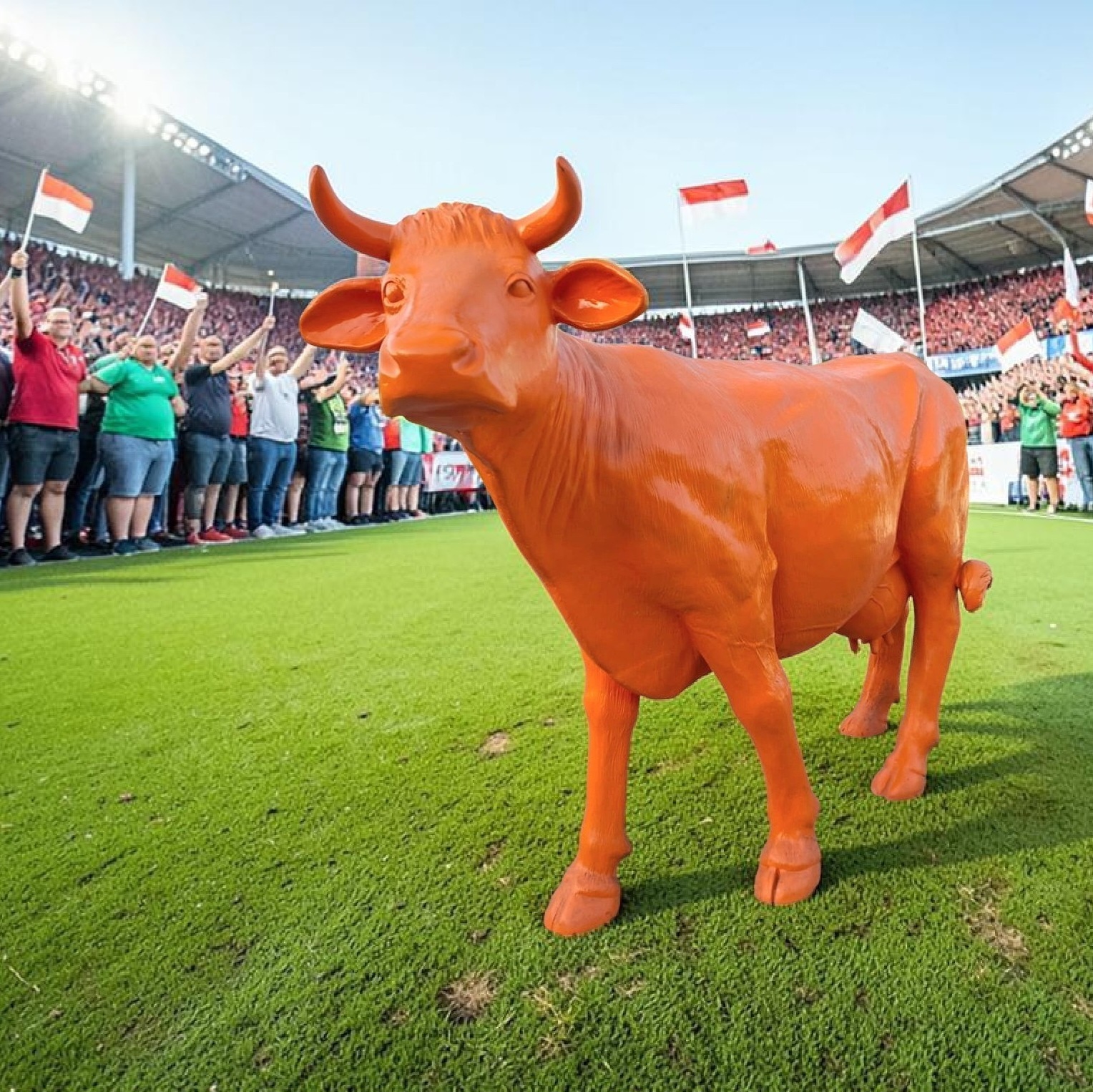 Oranje koe als mascotte voor het Nederlandse voetbal elftal tijdens het WK