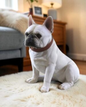 Witte Franse bulldog beeld zittend met bruine halsband decoratie