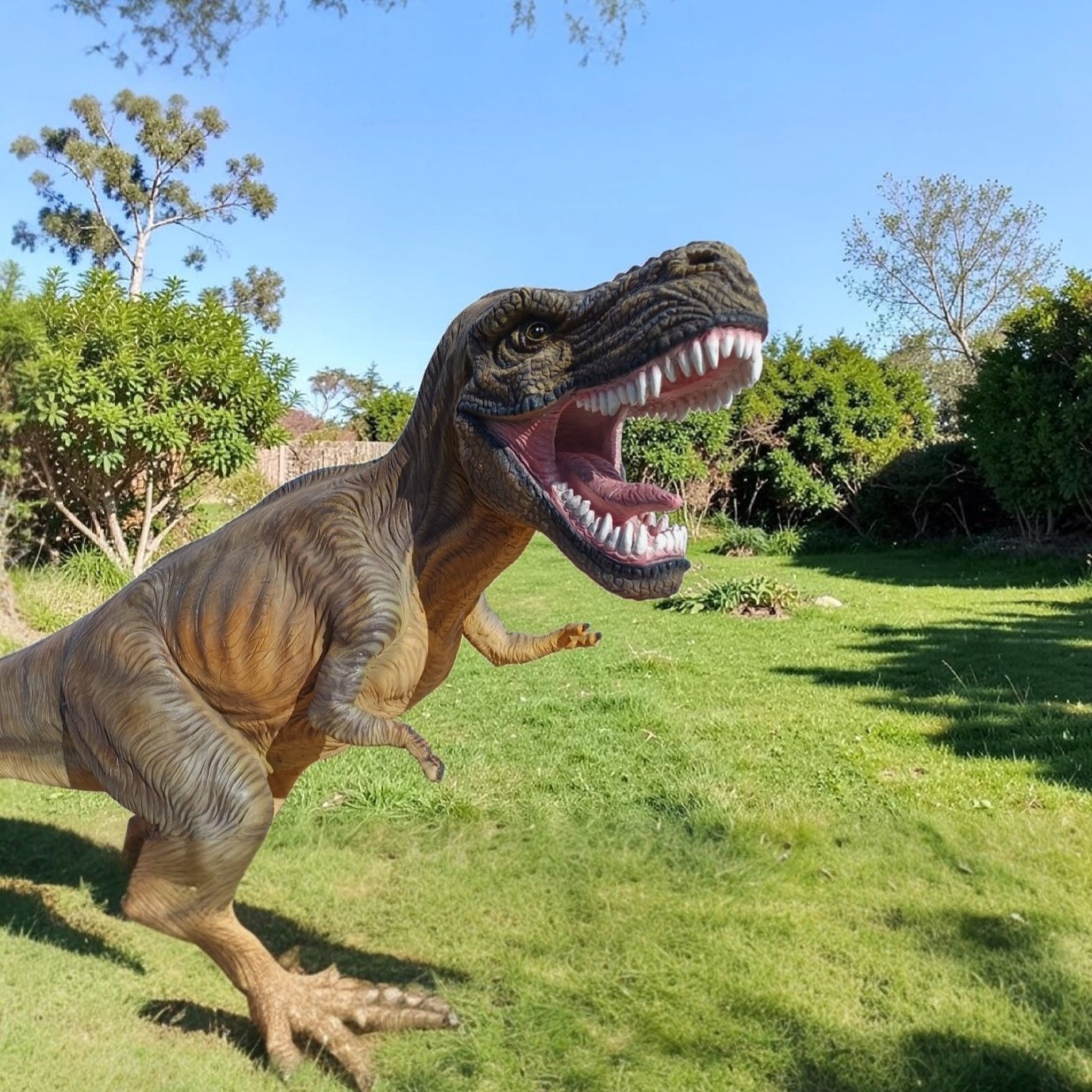 Zeer mooie en grote kunst dinosaurus voor in de tuin