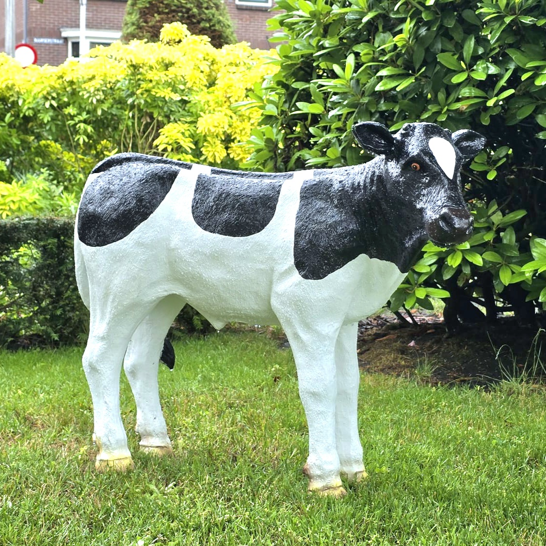 Een decoratief kunststof kalfje voor buiten in de tuin koop je bij Vrolijke Beelden