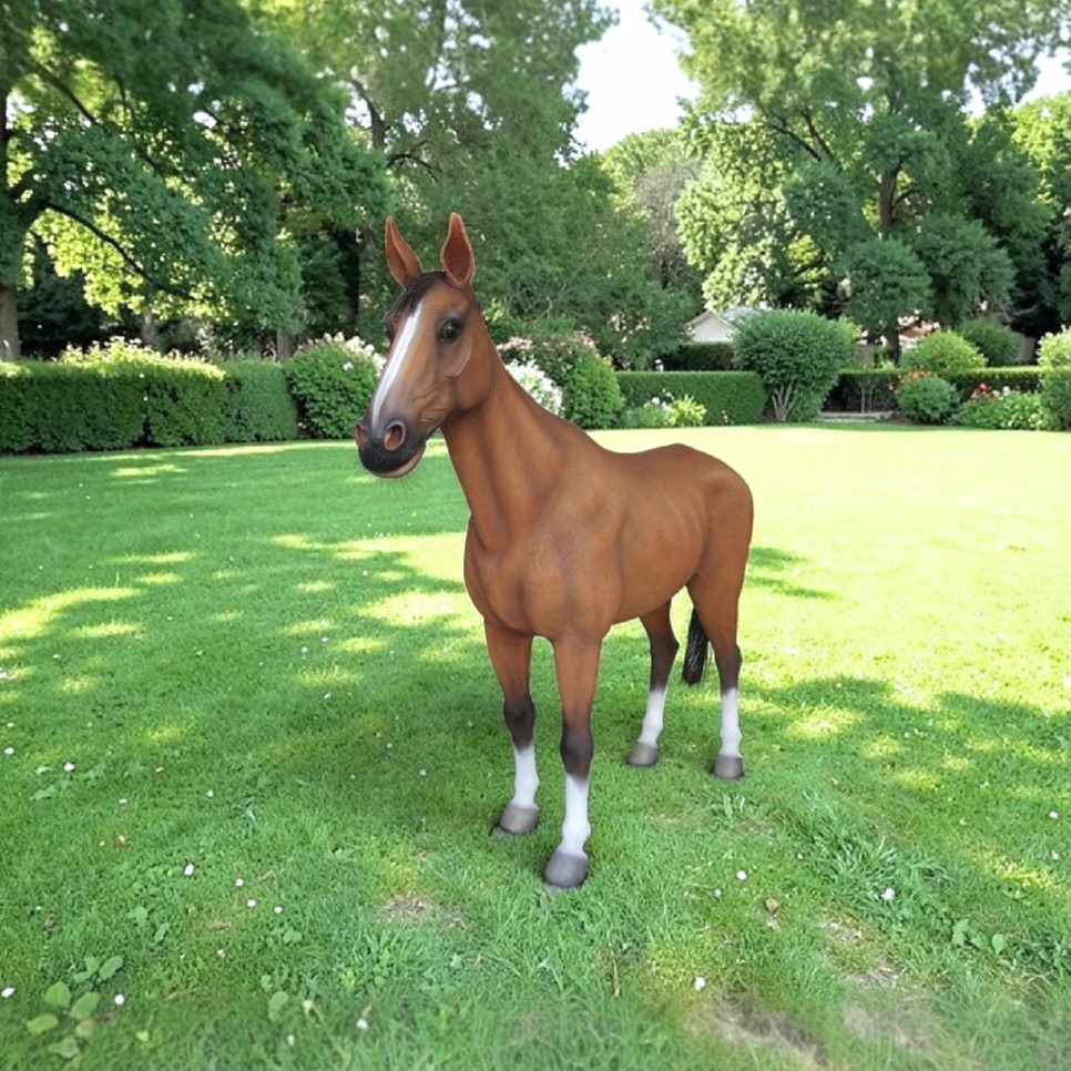 Levensgroot bruin polyester paardenbeeld voor tuin, manege of paardenstal