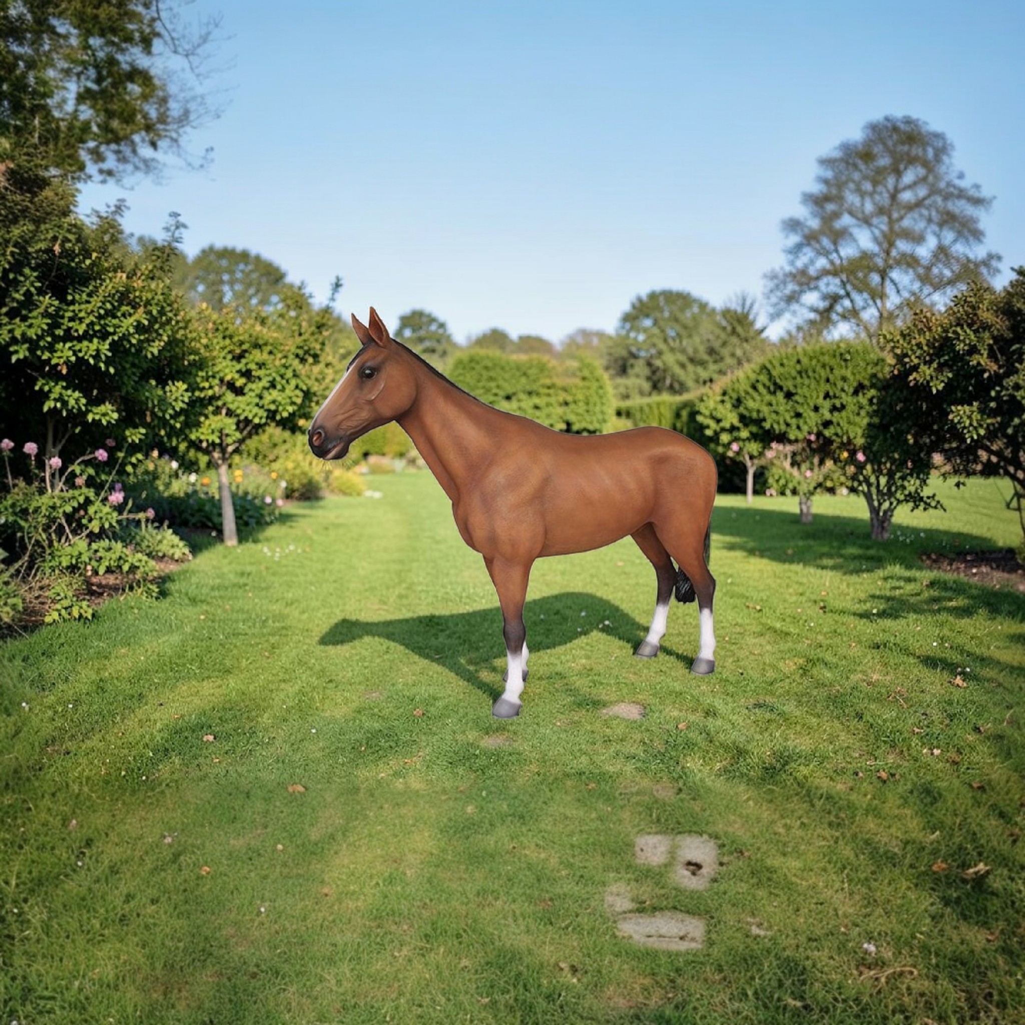 Levensgroot bruin paardenbeeld van polyester in tuinopstelling voor manege, paardenstal of tuin