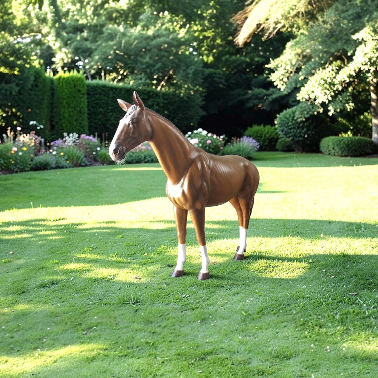 Realistisch levensgroot paardenbeeld van polyester met bruine vacht en witte benen