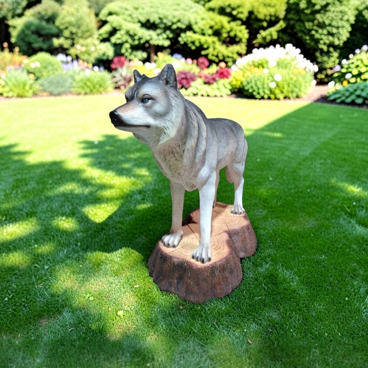 Decoratiebeeld van een grijze polyester wolf voor buiten