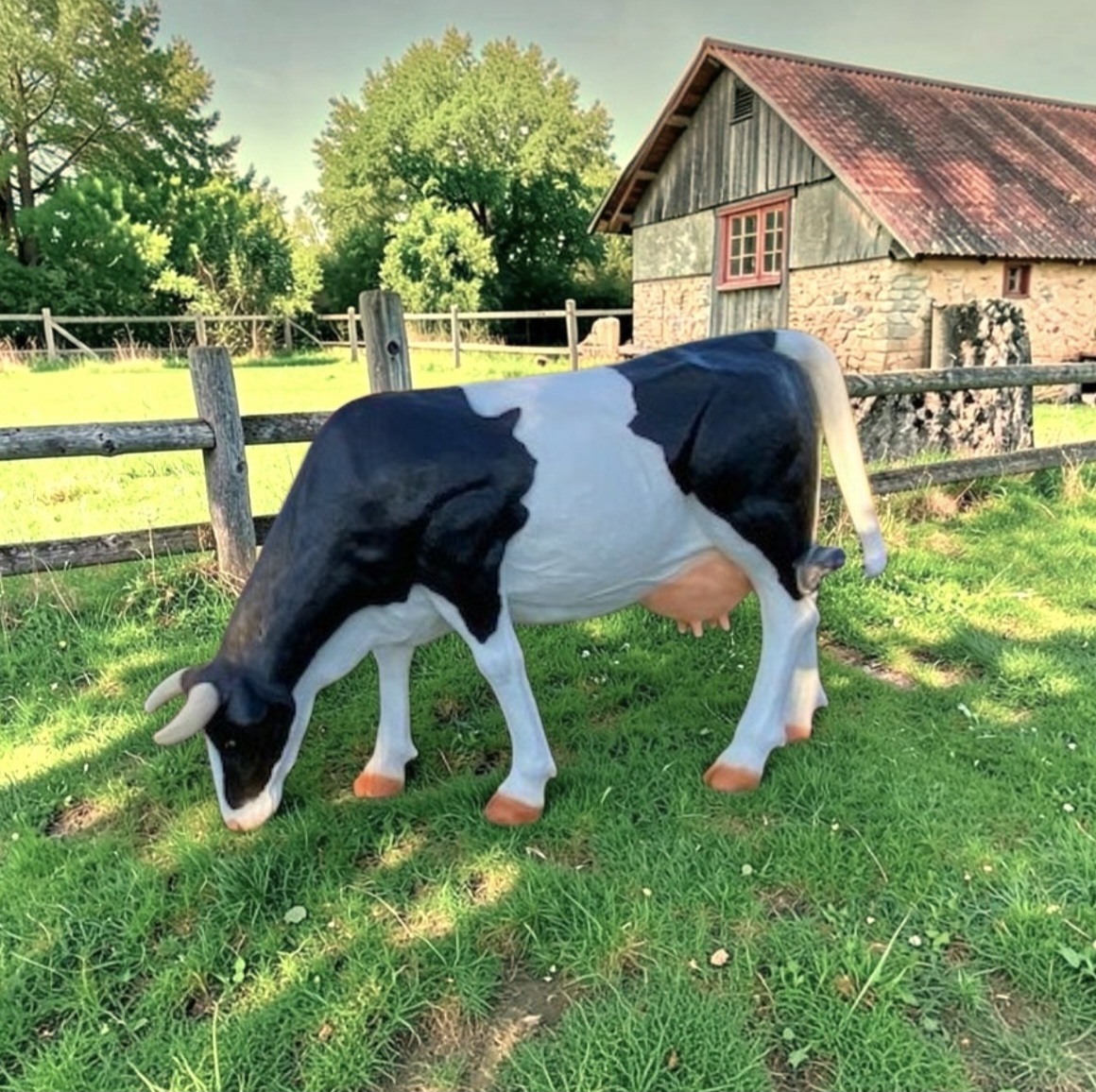 Levensgroot polyester beeld van een grazende koe voor buiten in de tuin